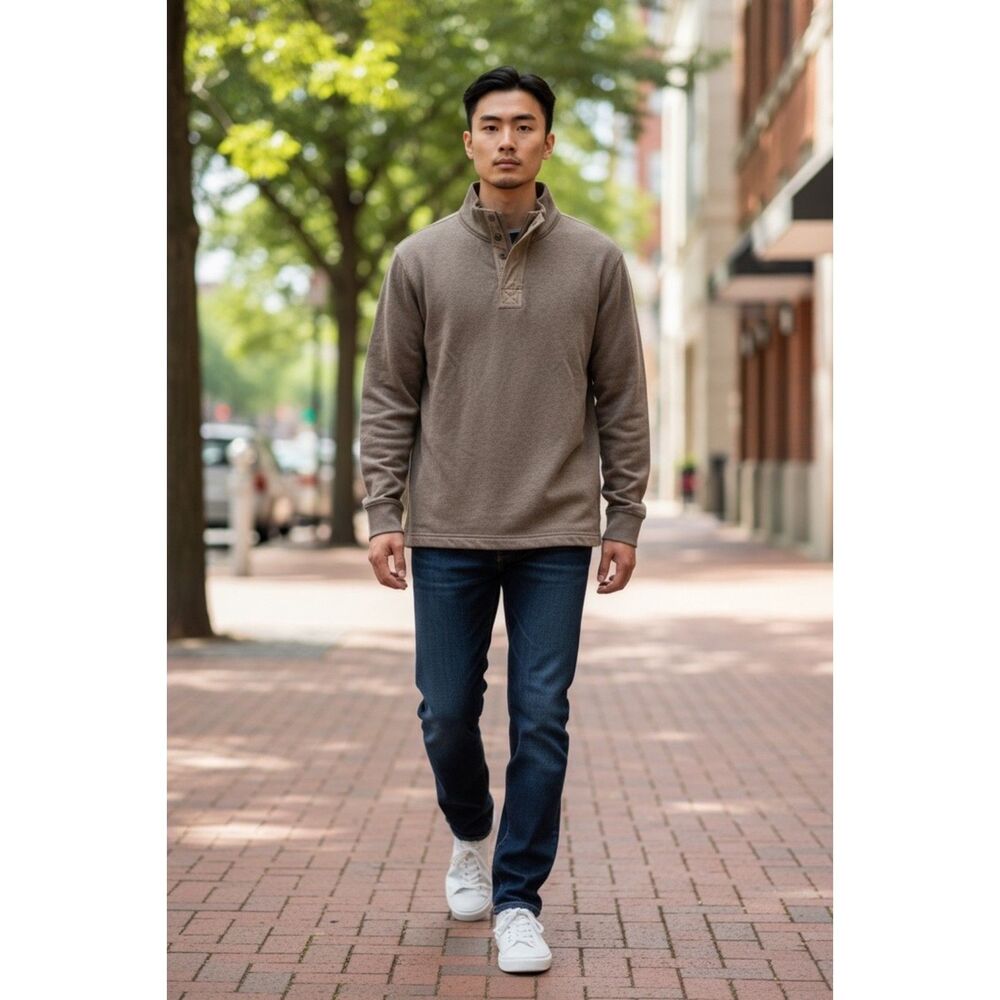 J.Crew Broken-in Fleece Pullover Men's Large 4-Button Placket Cotton Taupe-Grey